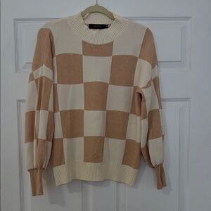 Patons Tan and Cream Checkered Women's Sweater